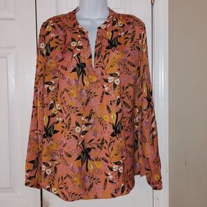 Ava & Viv  burnt orange v neck  floral sheer print  blouse  Sz 1X